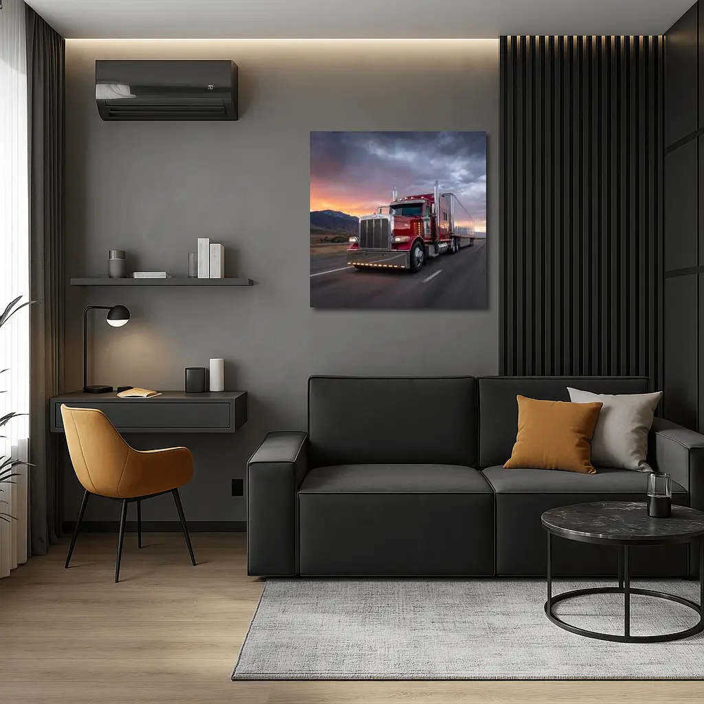 Red Peterbilt Semi Truck Stormy Sunset Highway – Wall Art