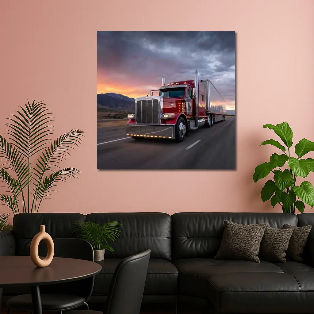 Red Peterbilt Semi Truck Stormy Sunset Highway – Wall Art
