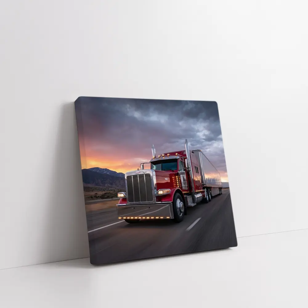 Red Peterbilt Semi Truck Stormy Sunset Highway – Wall Art