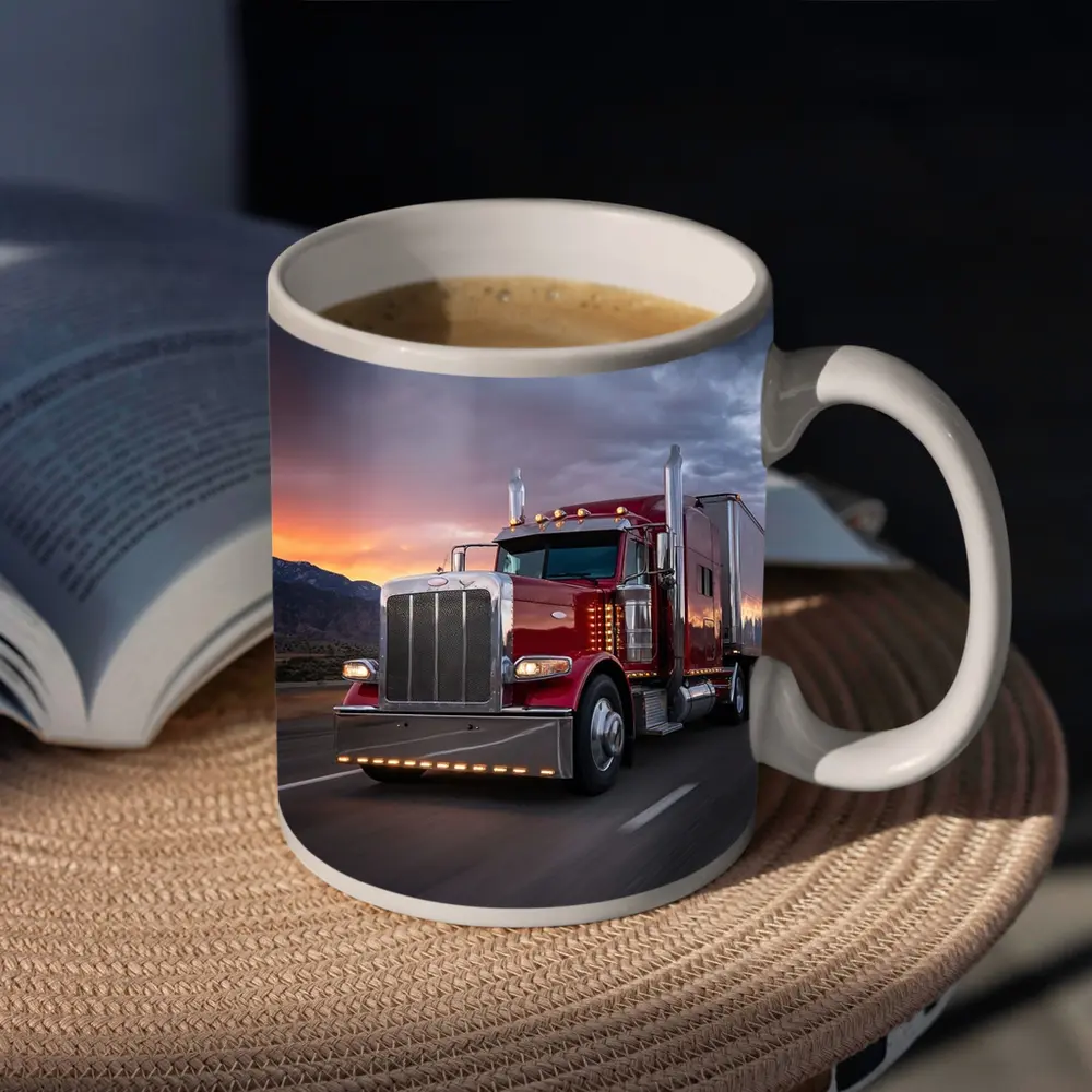 Red Peterbilt Semi Truck Stormy Sunset Highway – Mugs