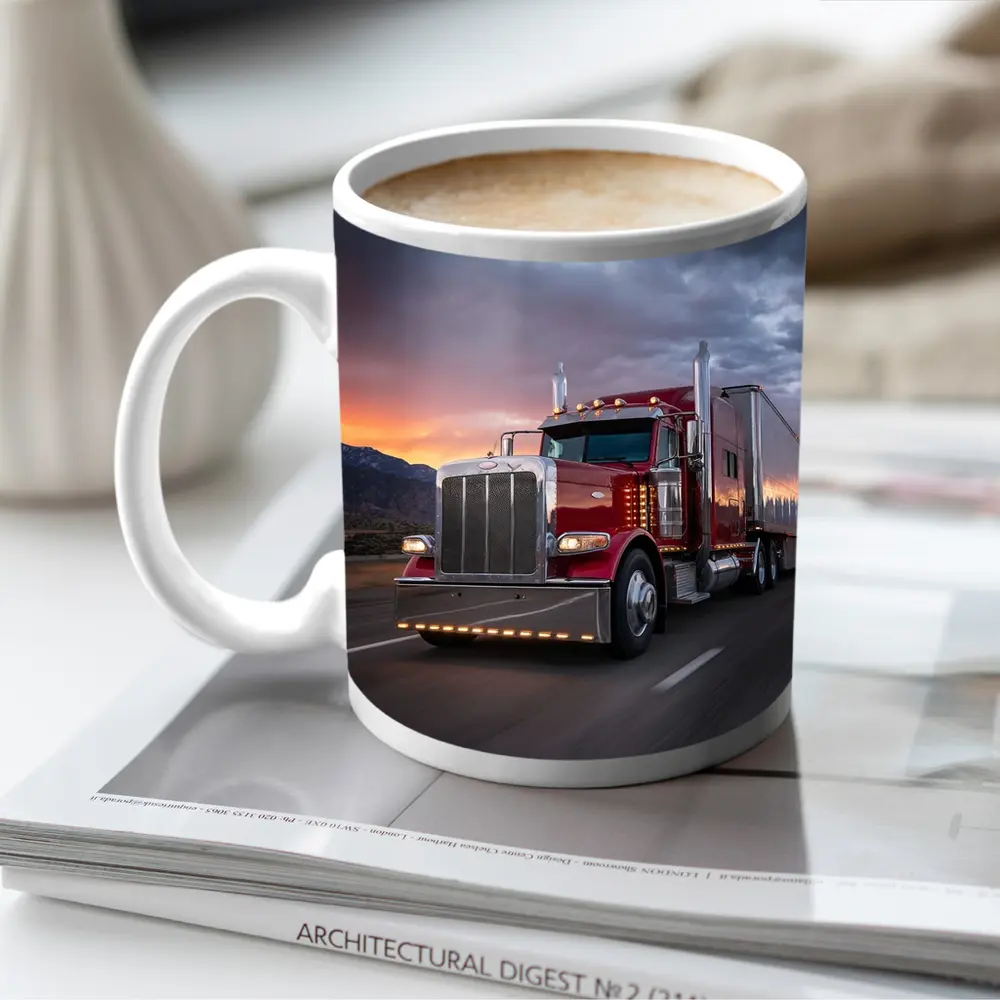Red Peterbilt Semi Truck Stormy Sunset Highway – Mugs