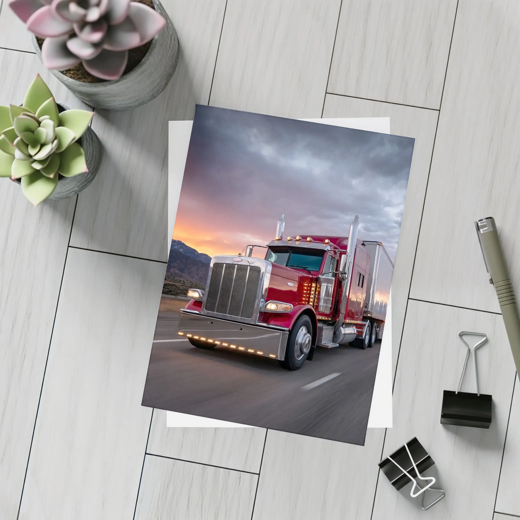Red Peterbilt Semi Truck Stormy Sunset Highway – Postcards