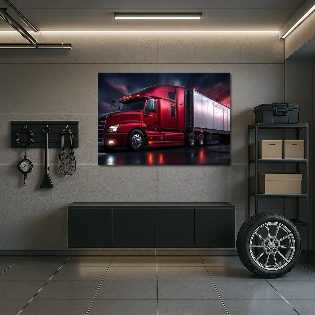 Red Semi Truck Dark Stormy Night Sky – Wall Art