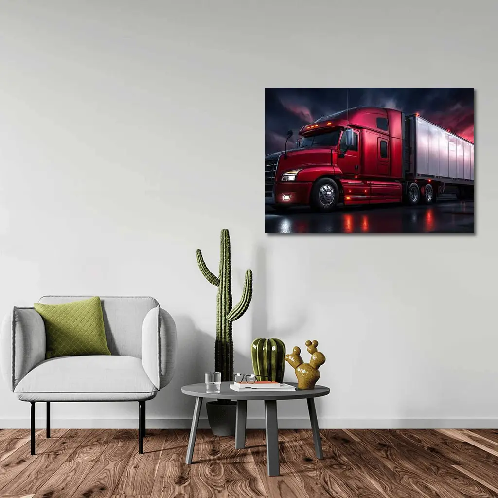 Red Semi Truck Dark Stormy Night Sky – Wall Art