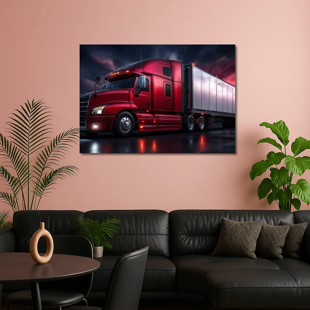 Red Semi Truck Dark Stormy Night Sky – Wall Art
