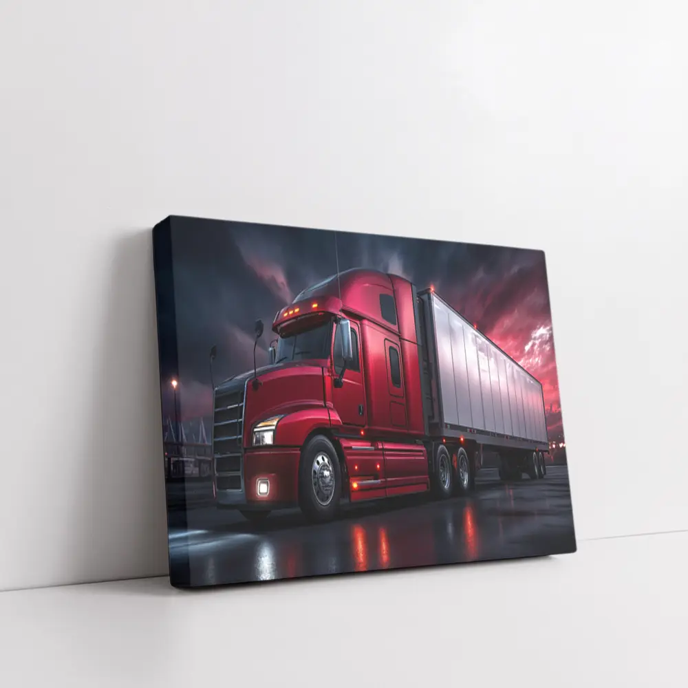 Red Semi Truck Dark Stormy Night Sky – Wall Art