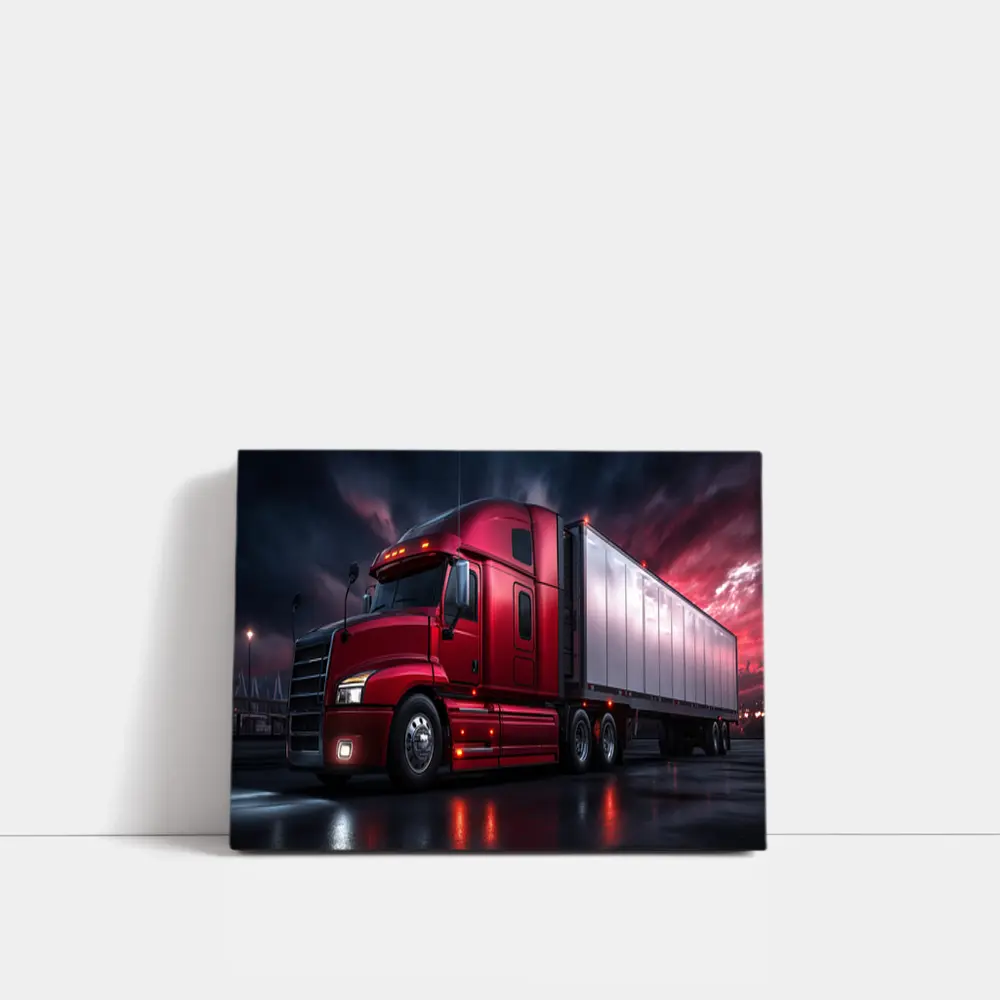 Red Semi Truck Dark Stormy Night Sky – Wall Art