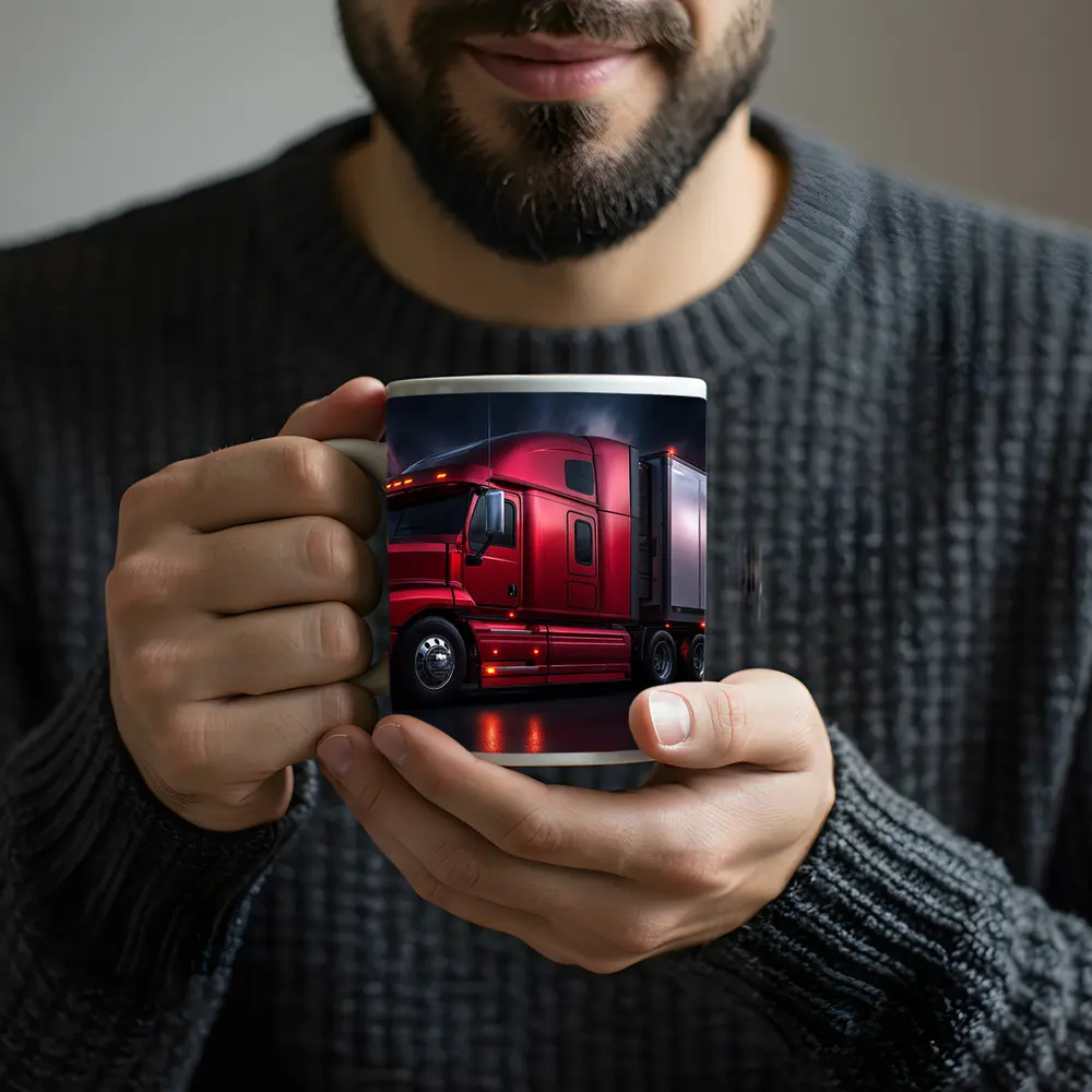 Red Semi Truck Dark Stormy Night Sky – Mugs