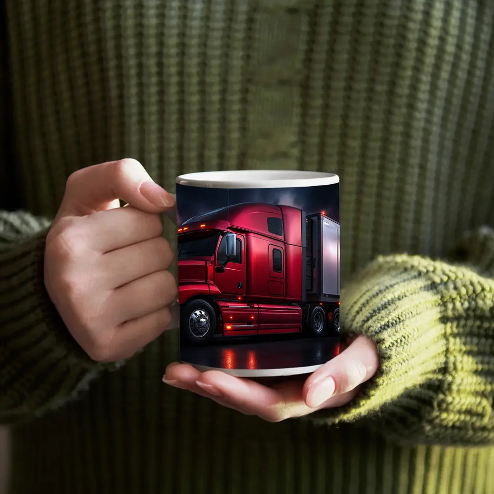 Red Semi Truck Dark Stormy Night Sky – Mugs