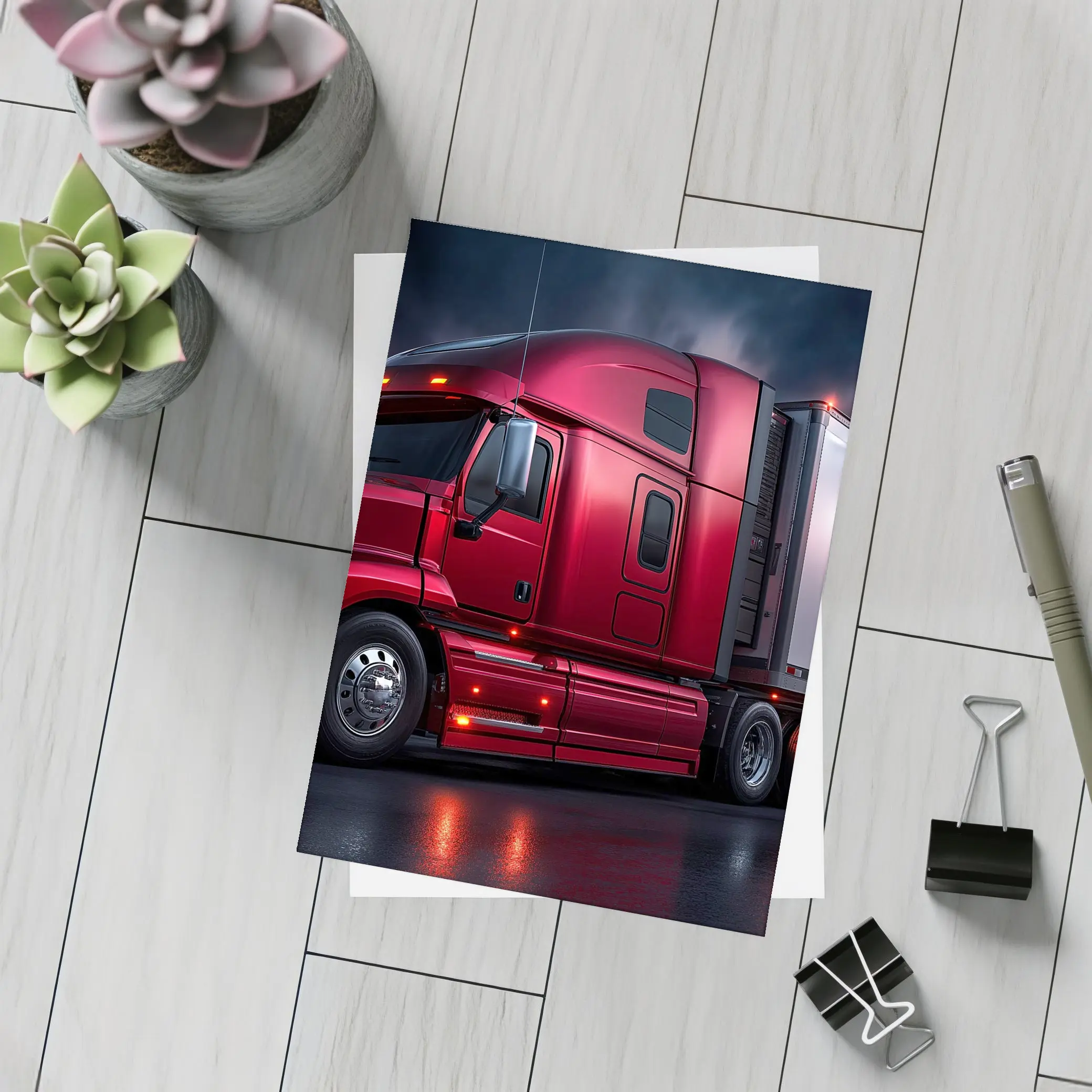 Red Semi Truck Dark Stormy Night Sky – Postcards