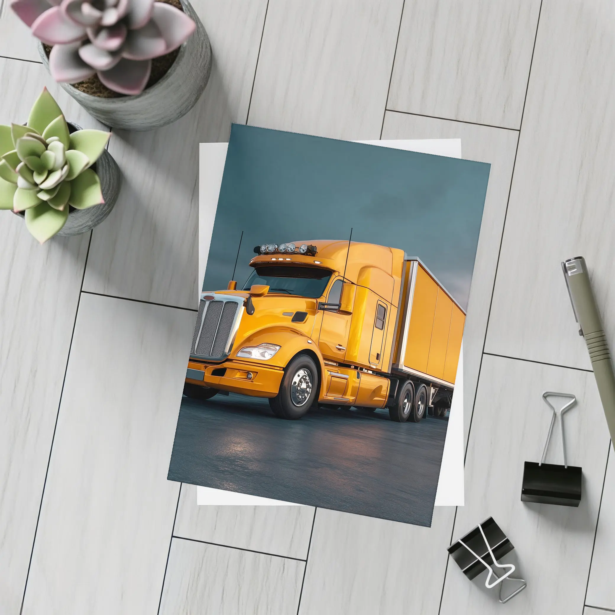 Yellow Semi Truck Dramatic Stormy Sky – Postcards