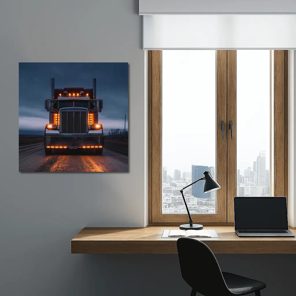 Semi Truck Glowing Lights Dark Stormy Road – Wall Art