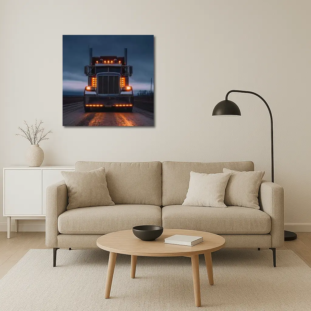 Semi Truck Glowing Lights Dark Stormy Road – Wall Art