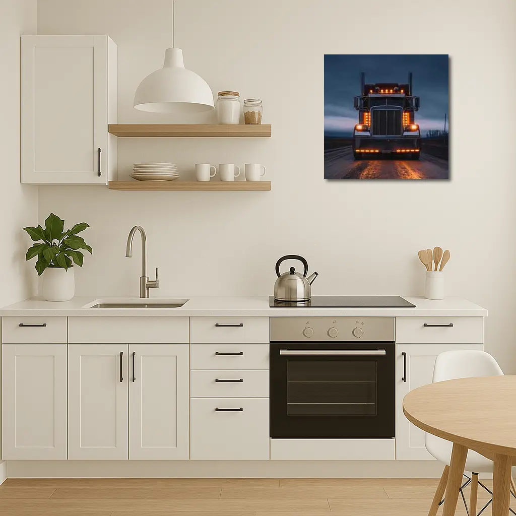 Semi Truck Glowing Lights Dark Stormy Road – Wall Art