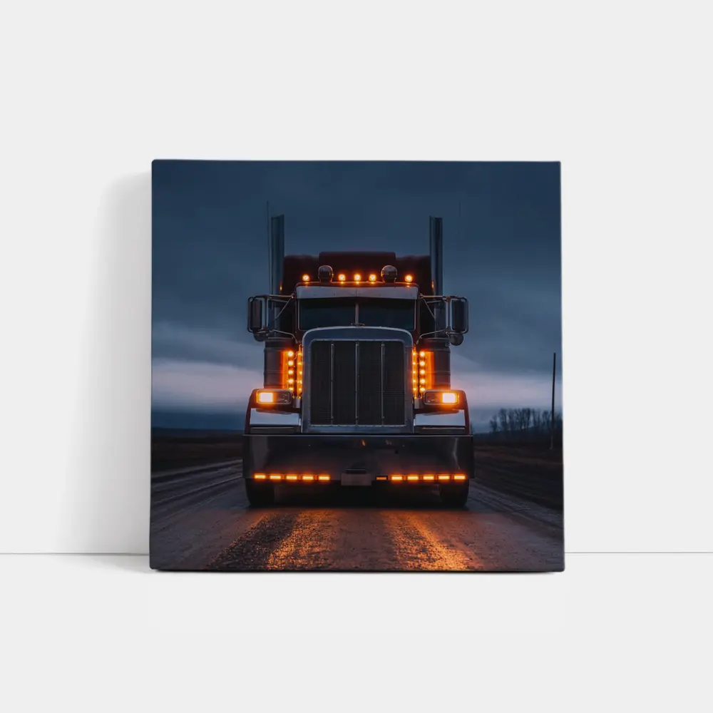 Semi Truck Glowing Lights Dark Stormy Road – Wall Art