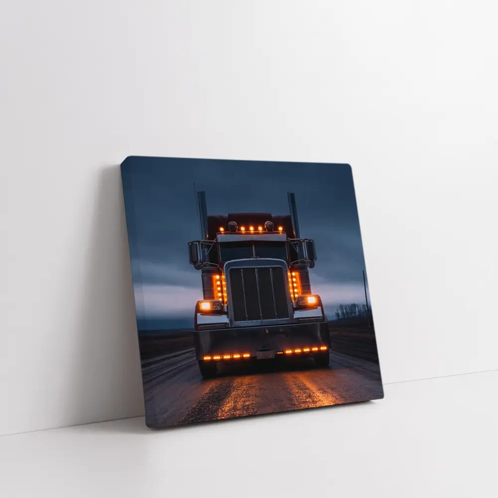 Semi Truck Glowing Lights Dark Stormy Road – Wall Art