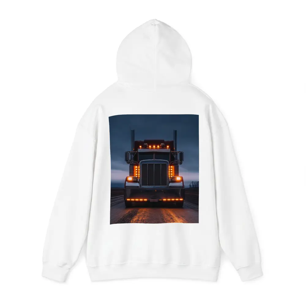Semi Truck Glowing Lights Dark Stormy Road – Hoodies
