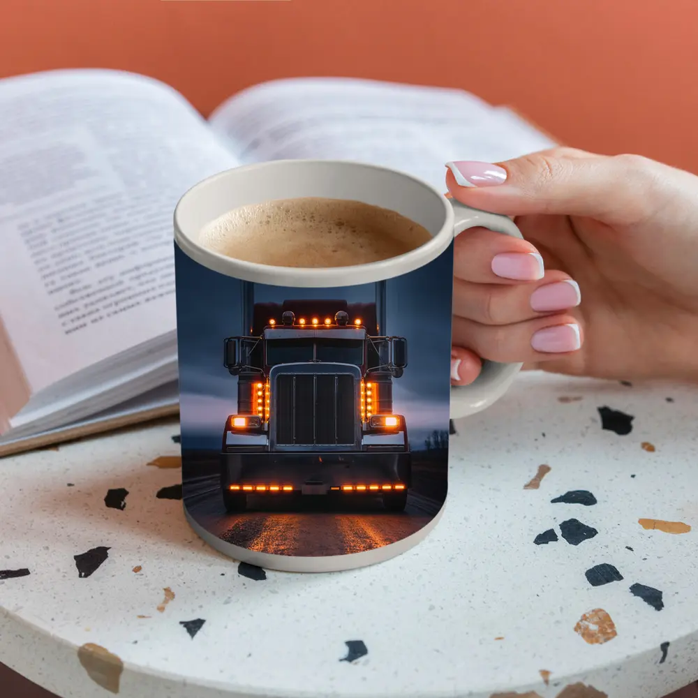 Semi Truck Glowing Lights Dark Stormy Road – Mugs