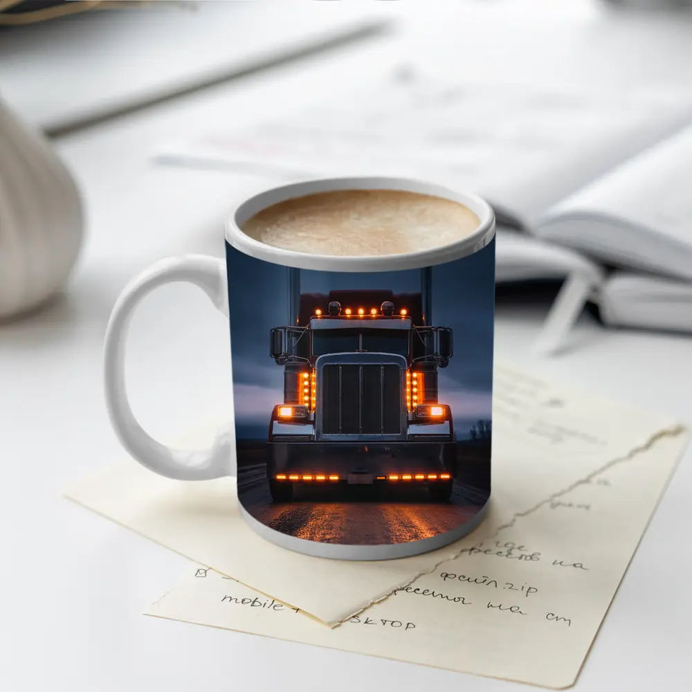 Semi Truck Glowing Lights Dark Stormy Road – Mugs