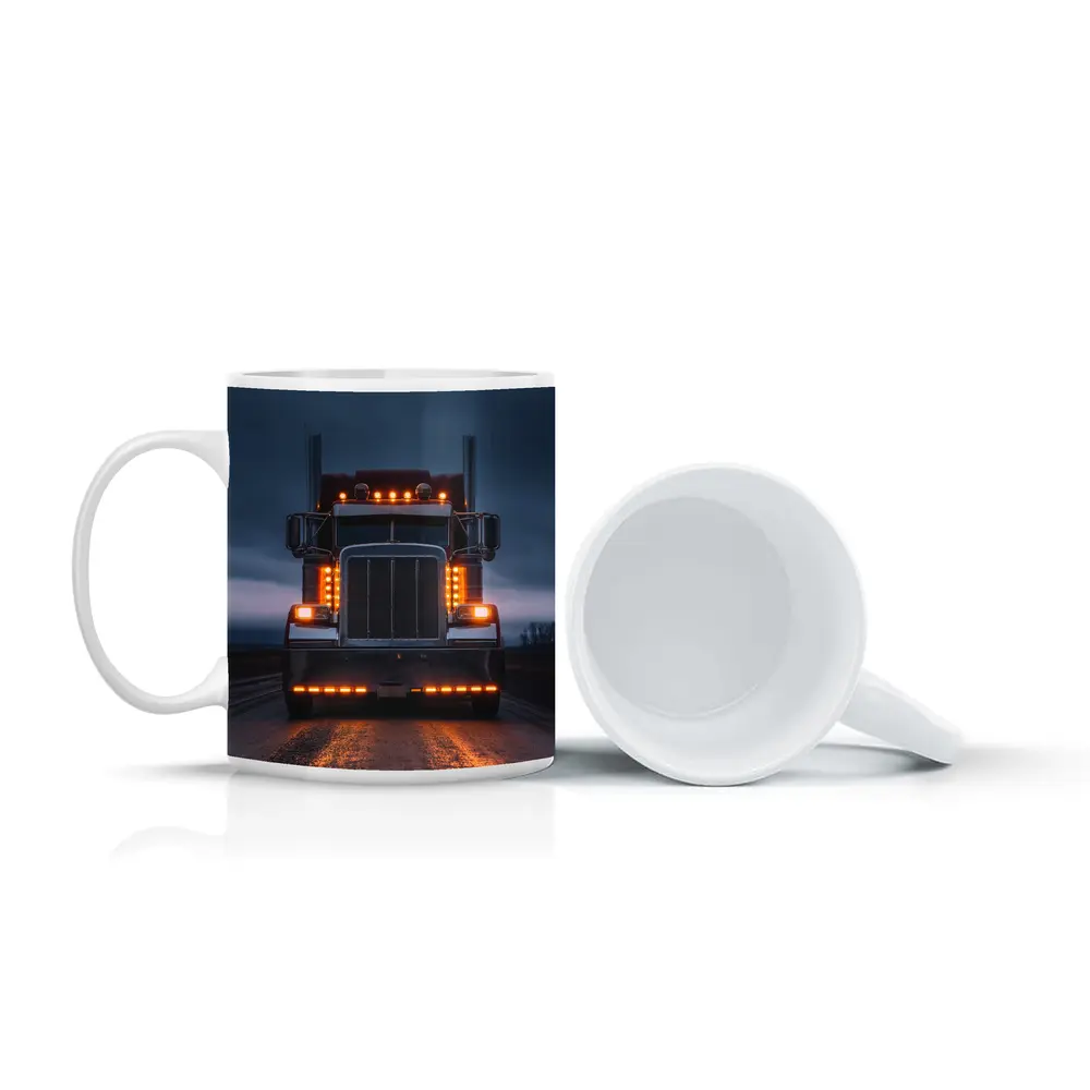Semi Truck Glowing Lights Dark Stormy Road – Mugs