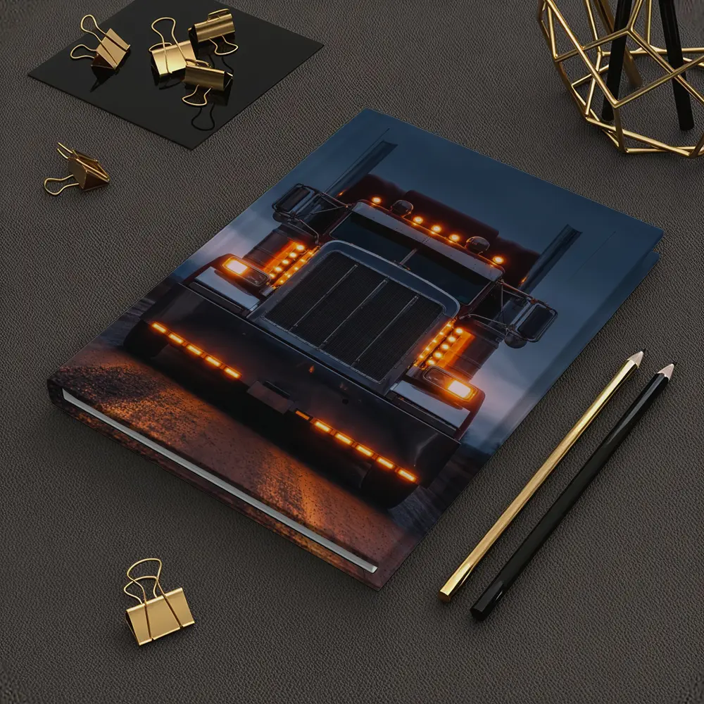 Semi Truck Glowing Lights Dark Stormy Road – Notebooks