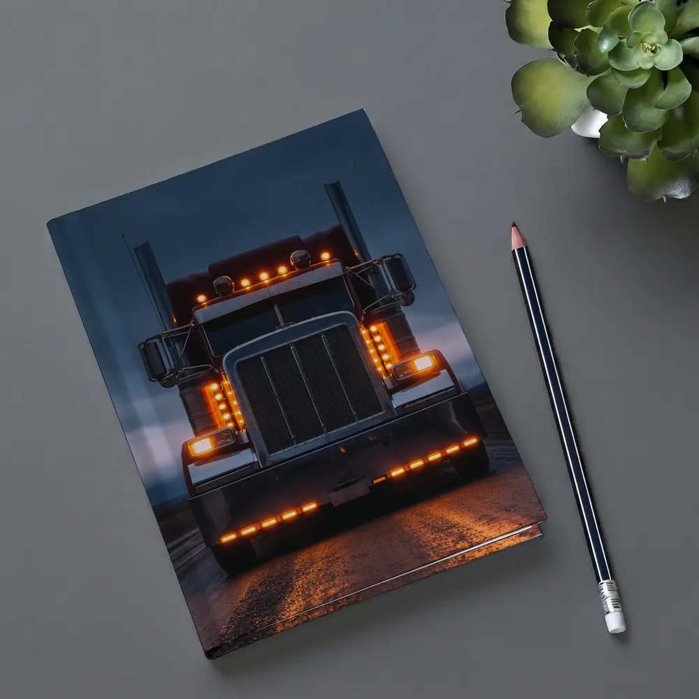 Semi Truck Glowing Lights Dark Stormy Road – Notebooks