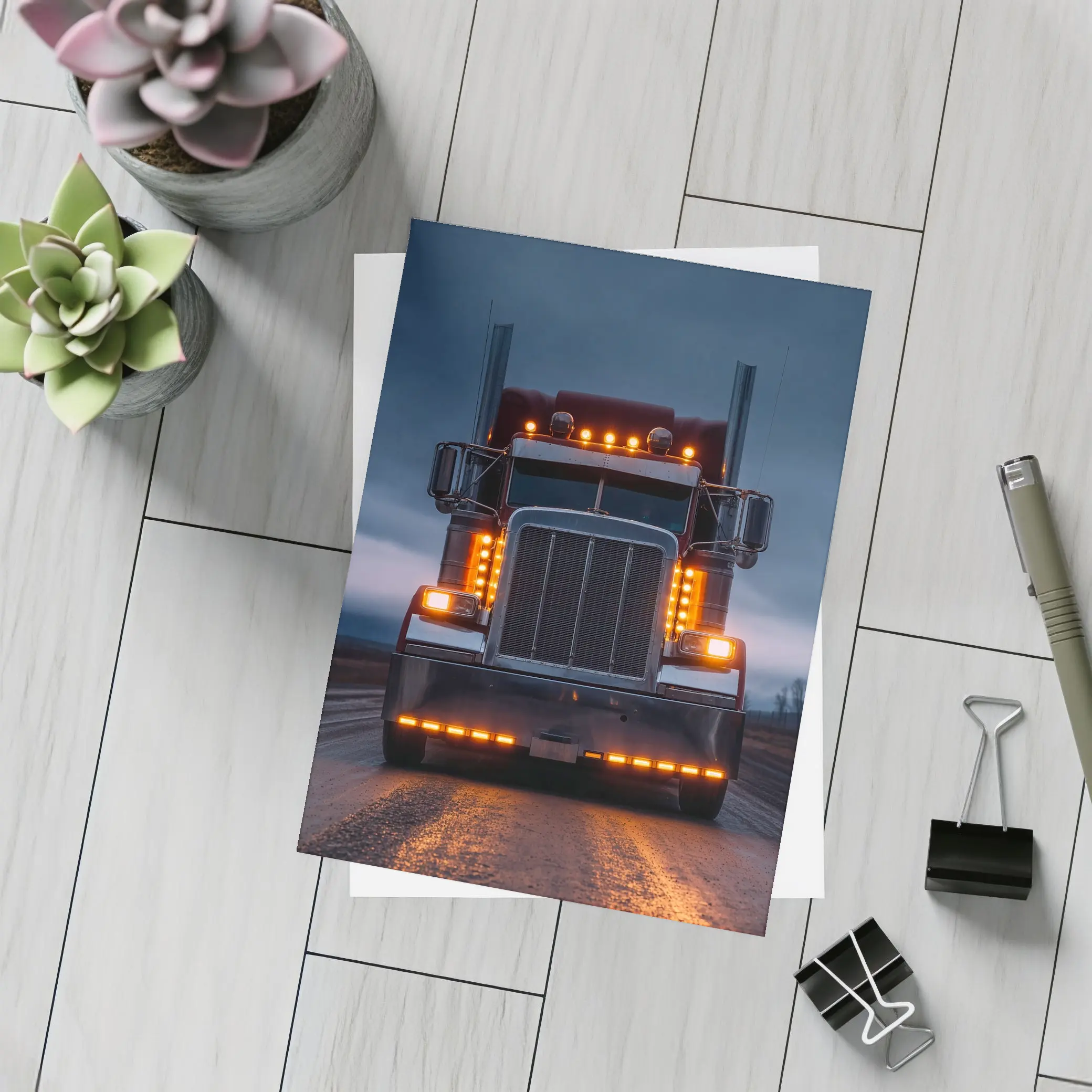Semi Truck Glowing Lights Dark Stormy Road – Postcards