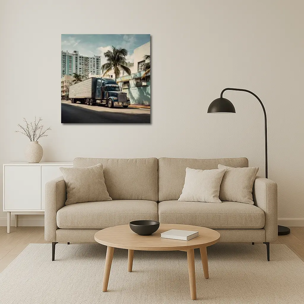 Semi Truck Rolling Through Miami City Streets – Wall Art