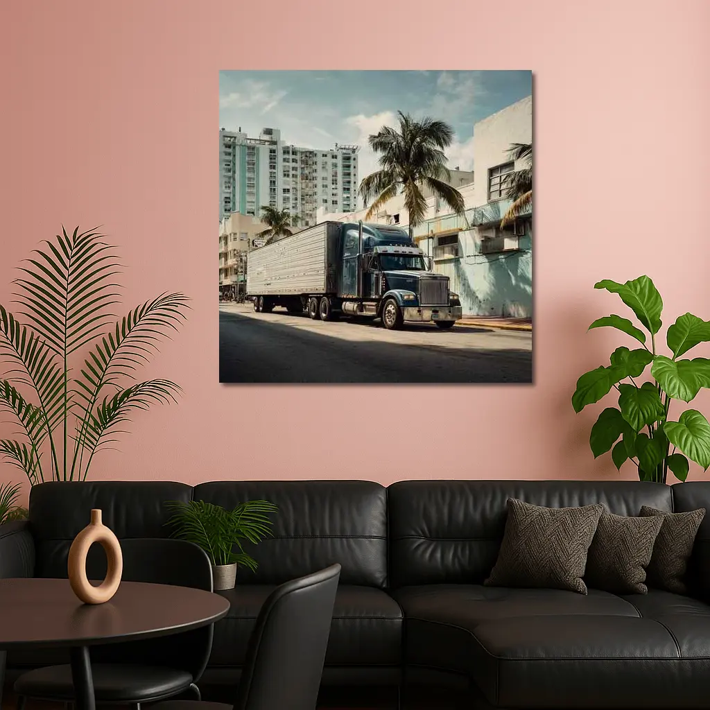 Semi Truck Rolling Through Miami City Streets – Wall Art