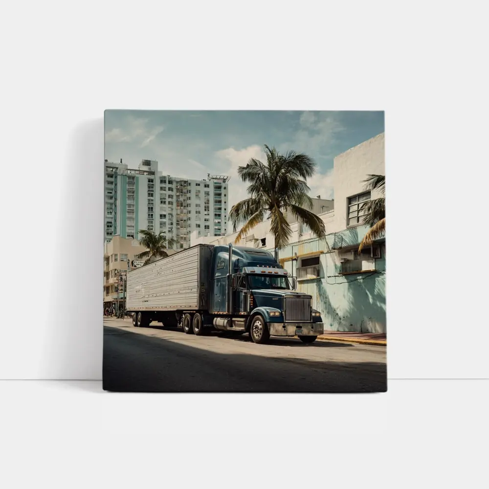 Semi Truck Rolling Through Miami City Streets – Wall Art