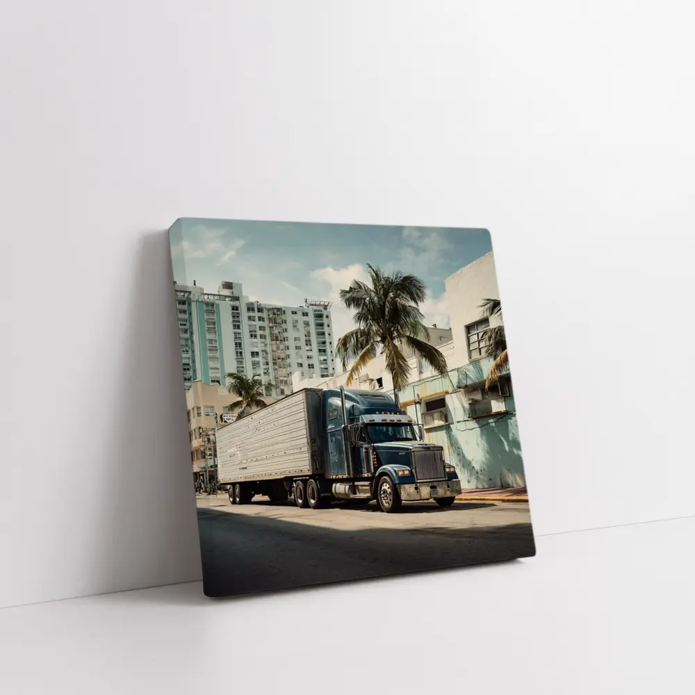 Semi Truck Rolling Through Miami City Streets – Wall Art