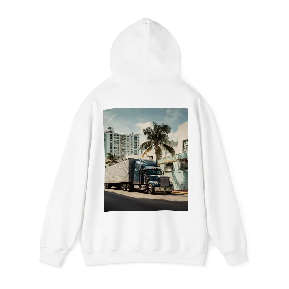 Semi Truck Rolling Through Miami City Streets – Hoodies