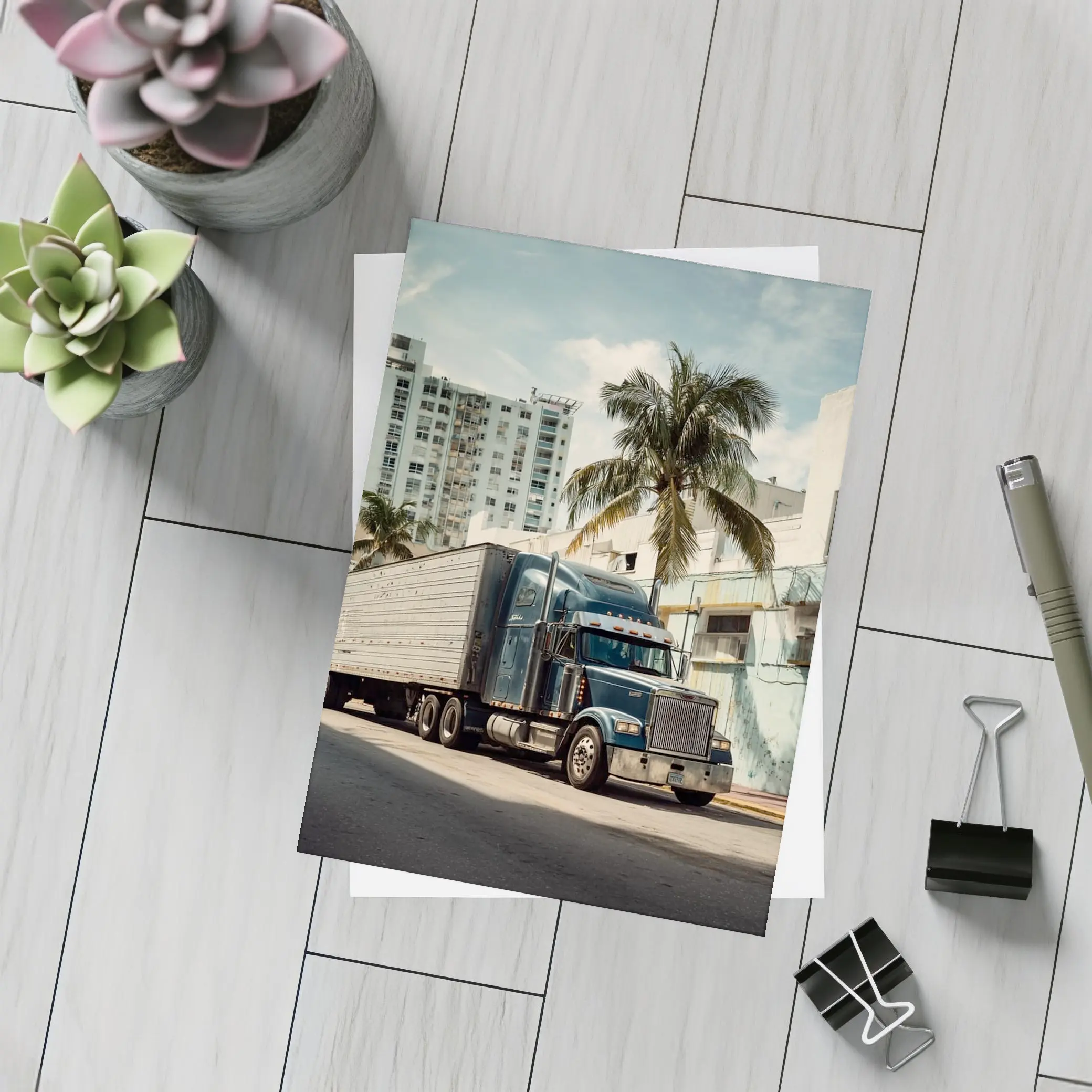 Semi Truck Rolling Through Miami City Streets – Postcards