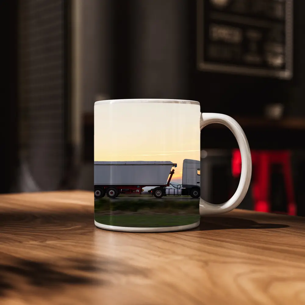Semi Truck Highway Drive Sunset Sky – Mugs