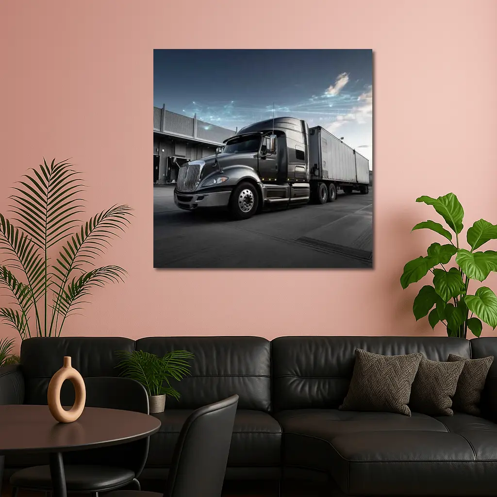 Semi Truck Digital Network Warehouse Background – Wall Art
