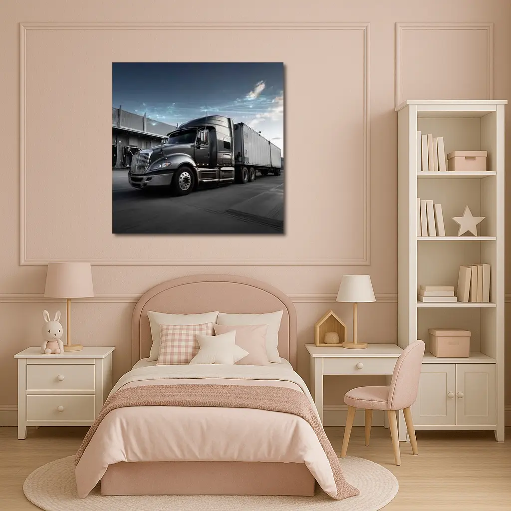 Semi Truck Digital Network Warehouse Background – Wall Art