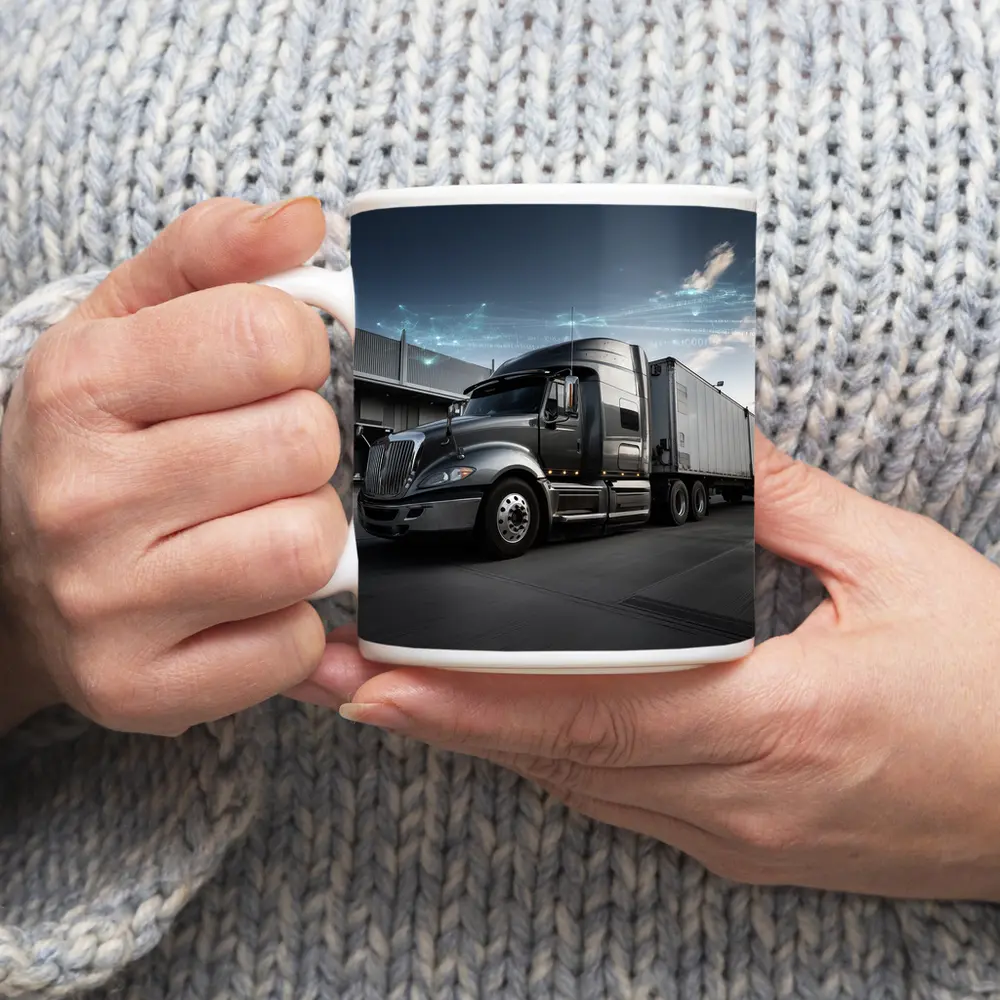 Semi Truck Digital Network Warehouse Background – Mugs