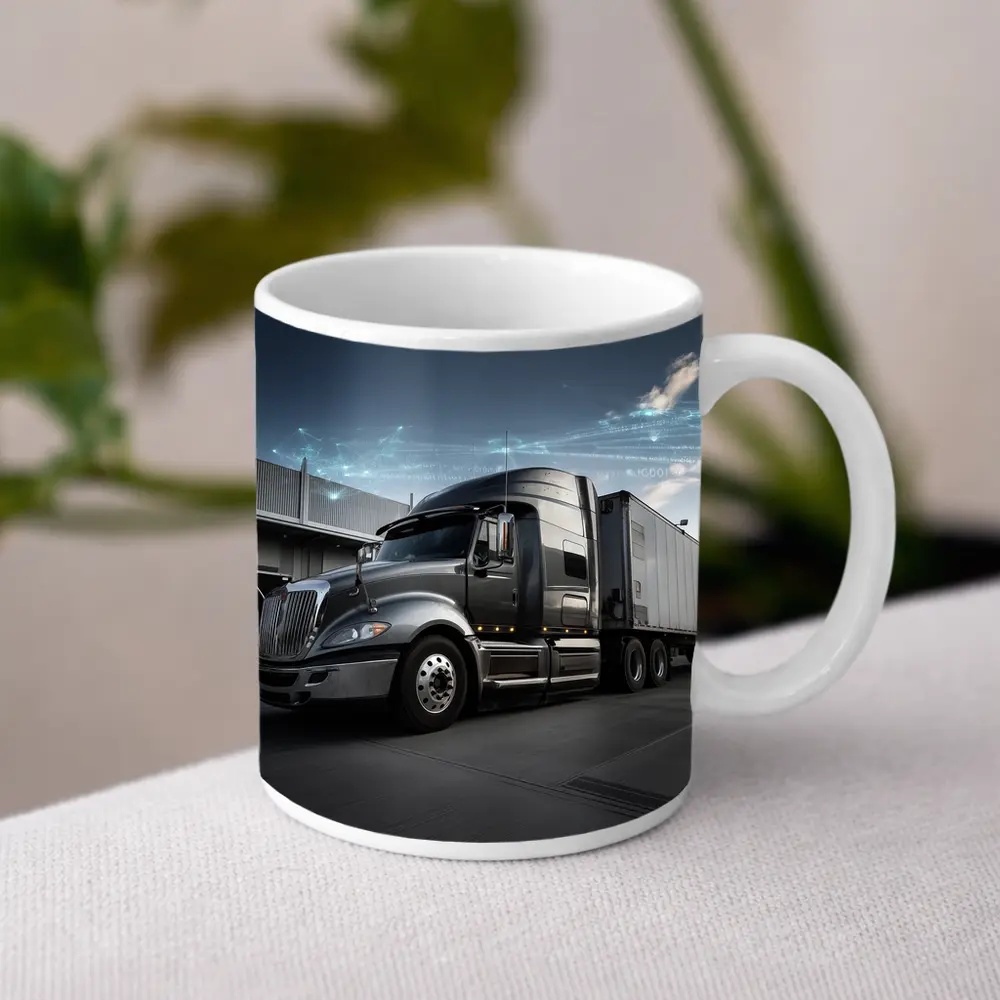 Semi Truck Digital Network Warehouse Background – Mugs