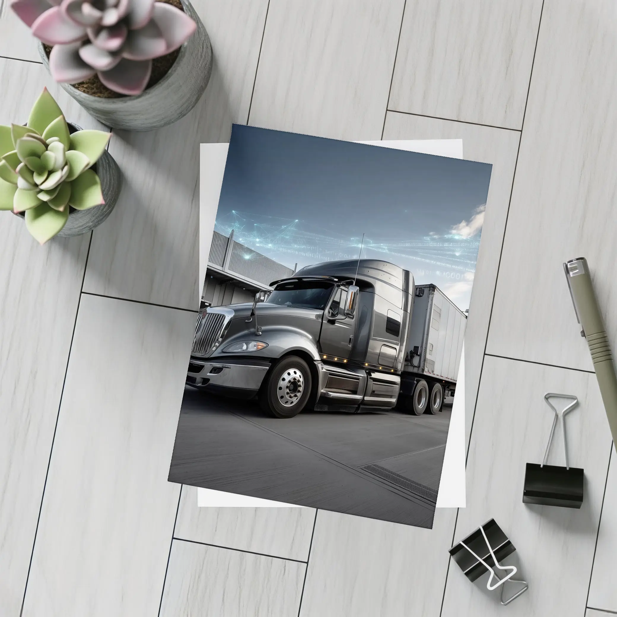 Semi Truck Digital Network Warehouse Background – Postcards