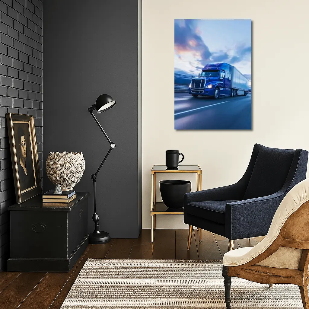 Blue Freightliner Semi Truck Highway Drive – Wall Art