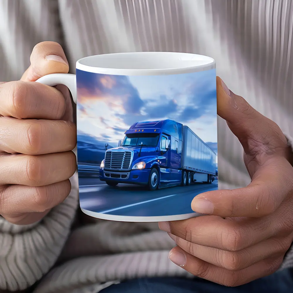 Blue Freightliner Semi Truck Highway Drive – Mugs