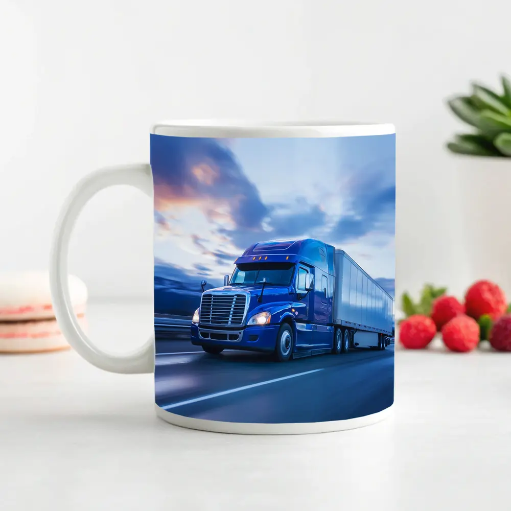 Blue Freightliner Semi Truck Highway Drive – Mugs