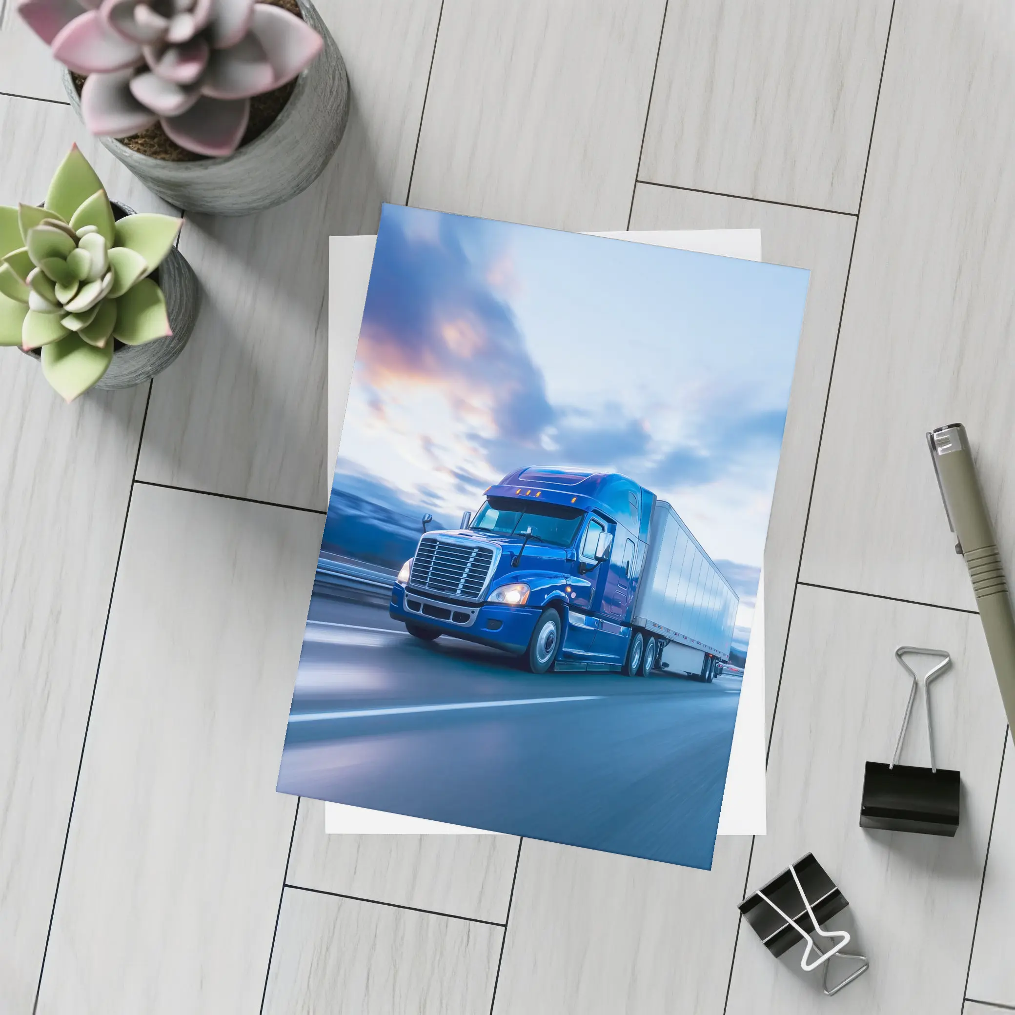 Blue Freightliner Semi Truck Highway Drive – Postcards