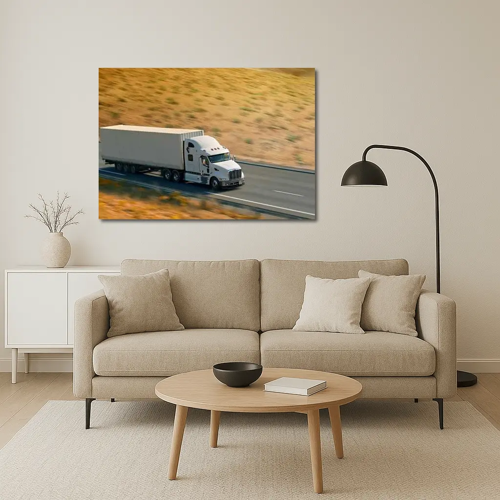 White Semi Truck Speeding Down Desert Highway – Wall Art