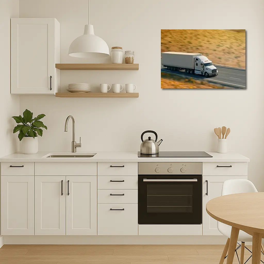 White Semi Truck Speeding Down Desert Highway – Wall Art
