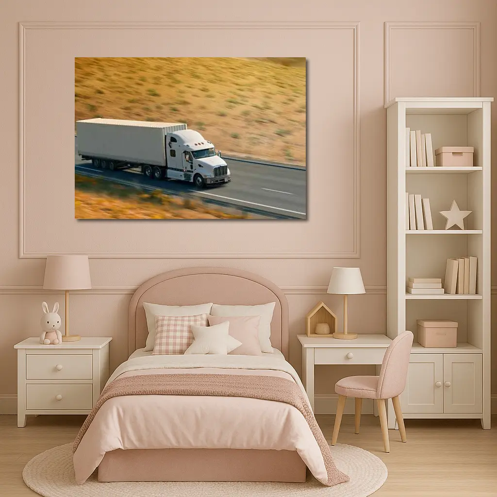 White Semi Truck Speeding Down Desert Highway – Wall Art