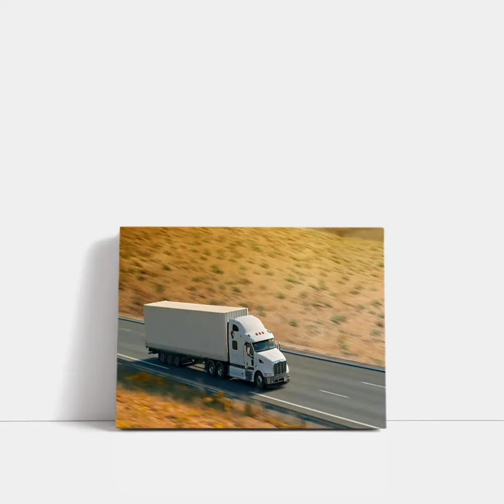 White Semi Truck Speeding Down Desert Highway – Wall Art