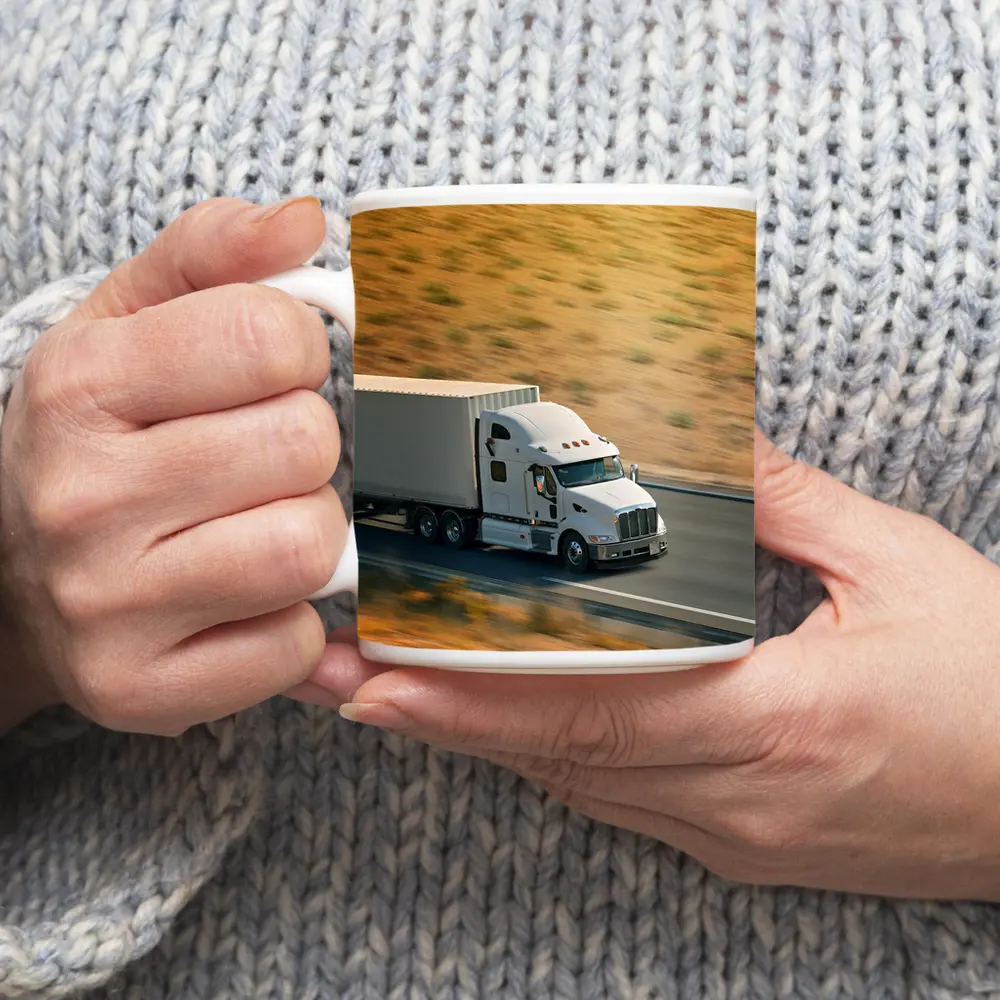 White Semi Truck Speeding Down Desert Highway – Mugs