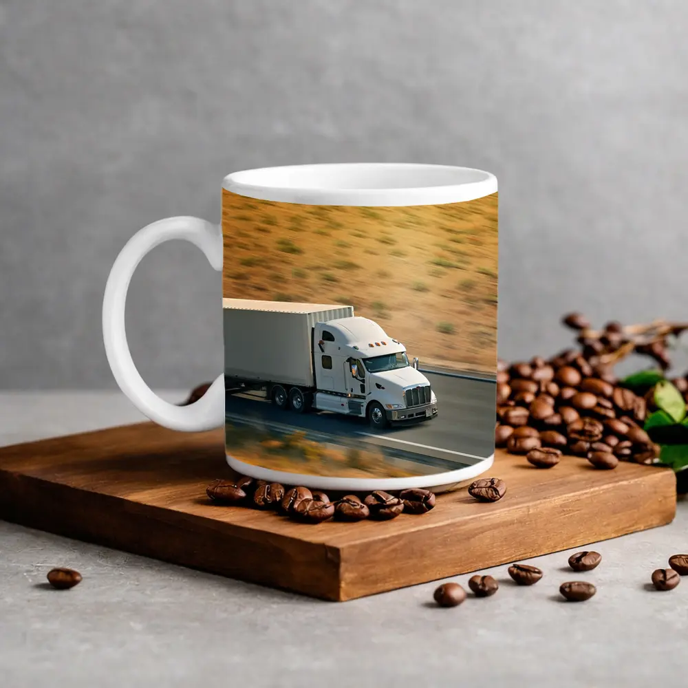 White Semi Truck Speeding Down Desert Highway – Mugs