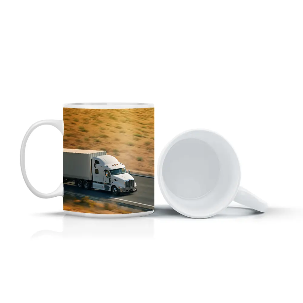 White Semi Truck Speeding Down Desert Highway – Mugs